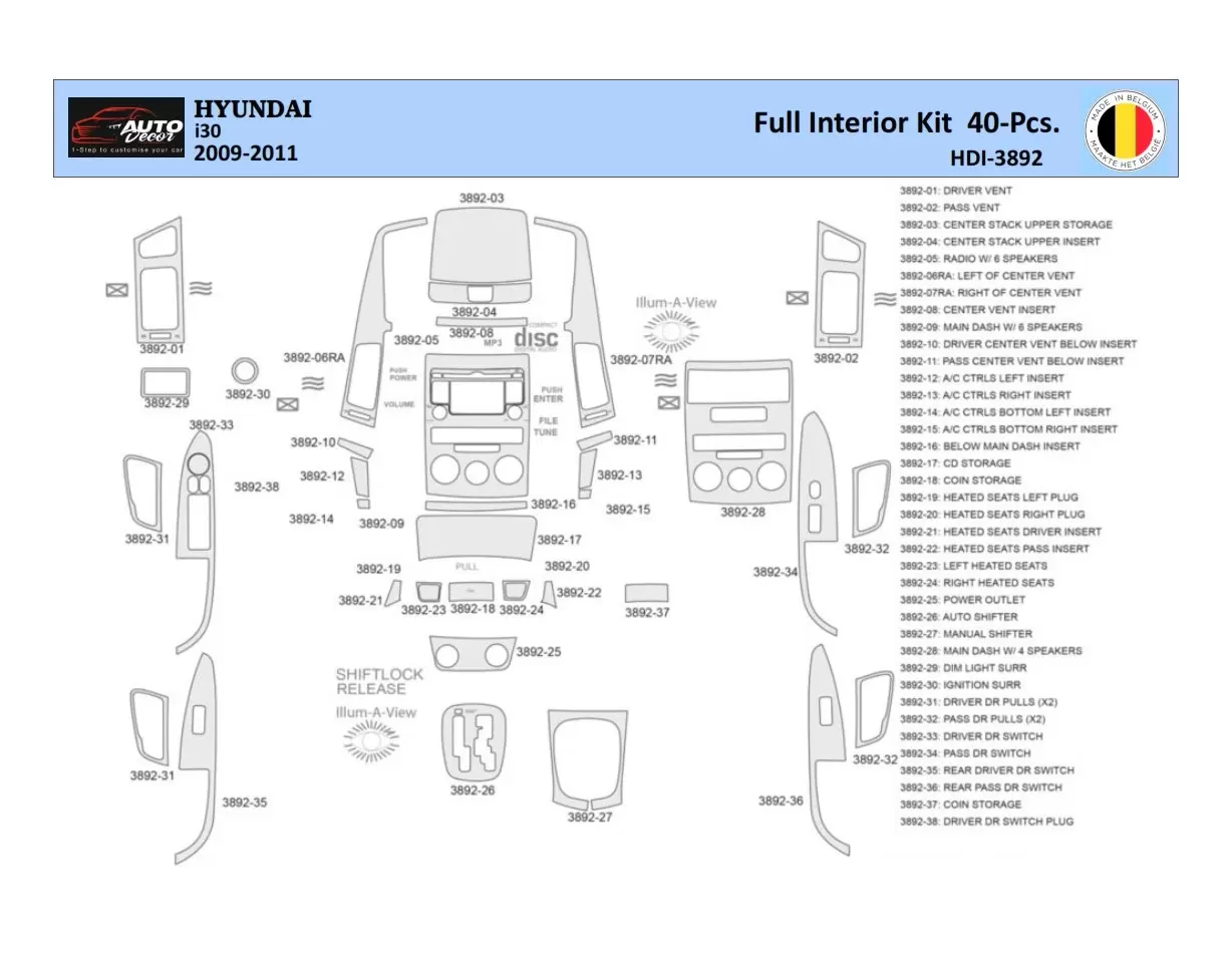 Hyundai-i30 2009-2011 Inleg dashboard Interieurset aansluitend en pasgemaakt 40 Delen