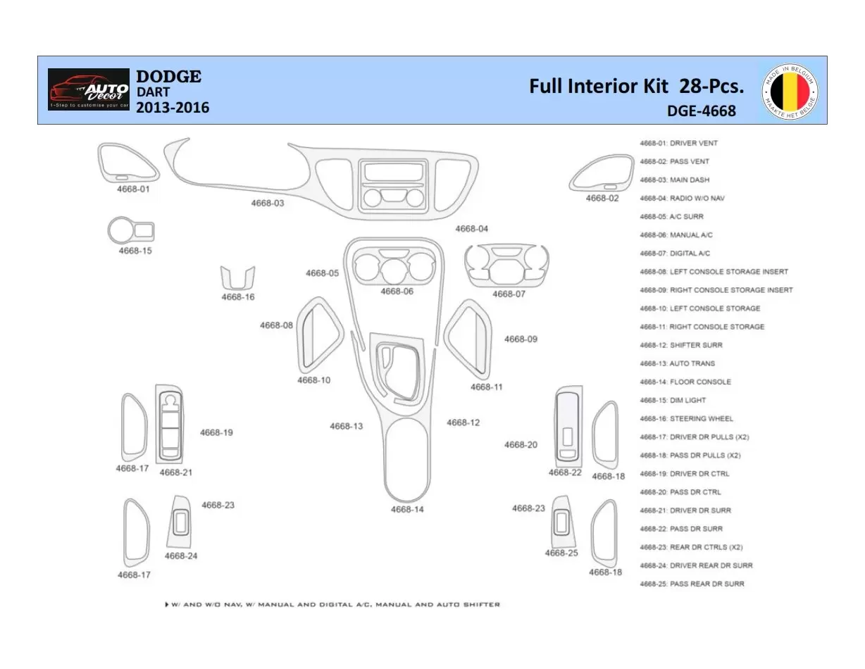 Dodge Dart PF 2012-2016 Interior WHZ Dashboard trim kit 28 Parts