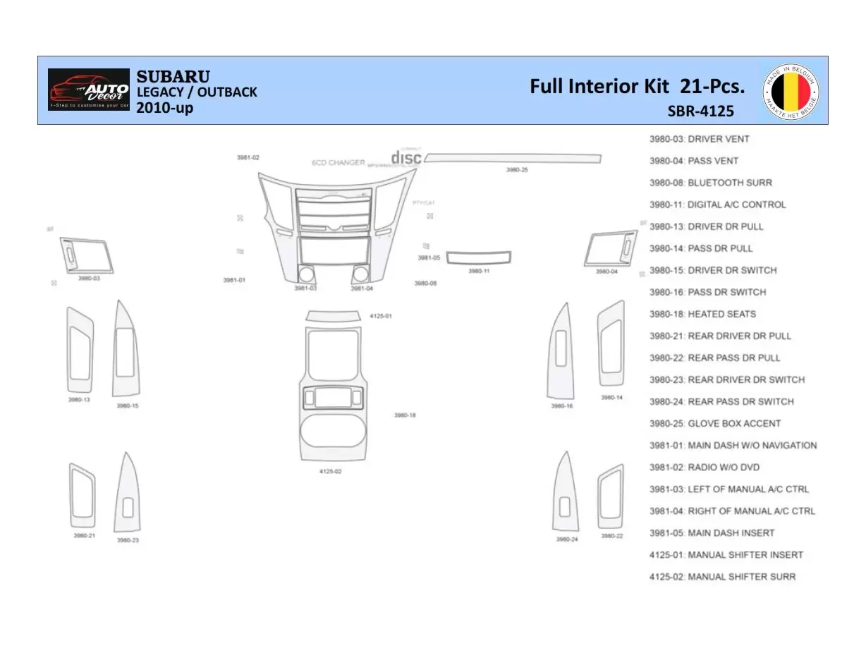 Subaru Legacy Outback 2010 Interior WHZ Dashboard trim kit 21 Parts
