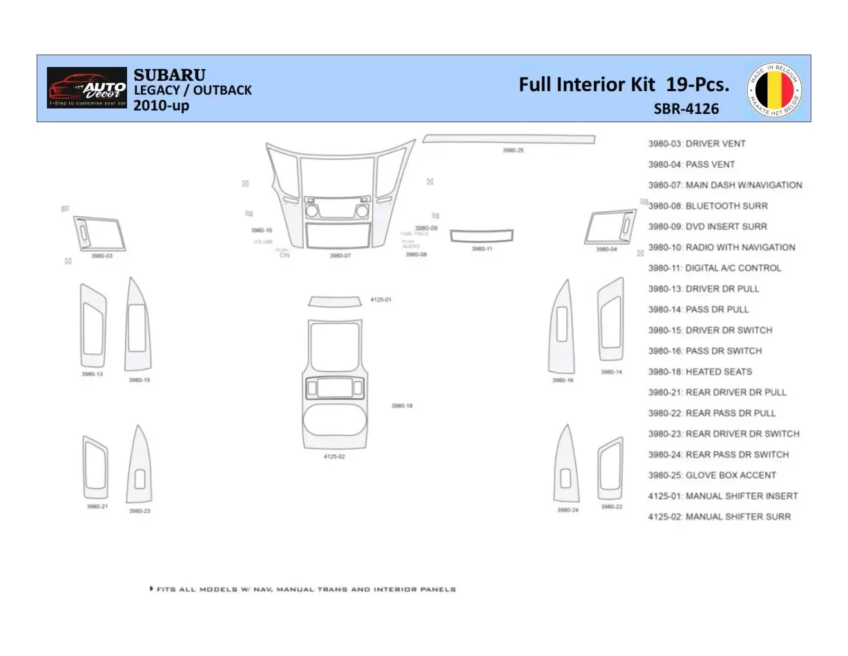 Subaru Legacy-Outback 2010 Inleg dashboard Interieurset aansluitend en pasgemaakt 19 Delen