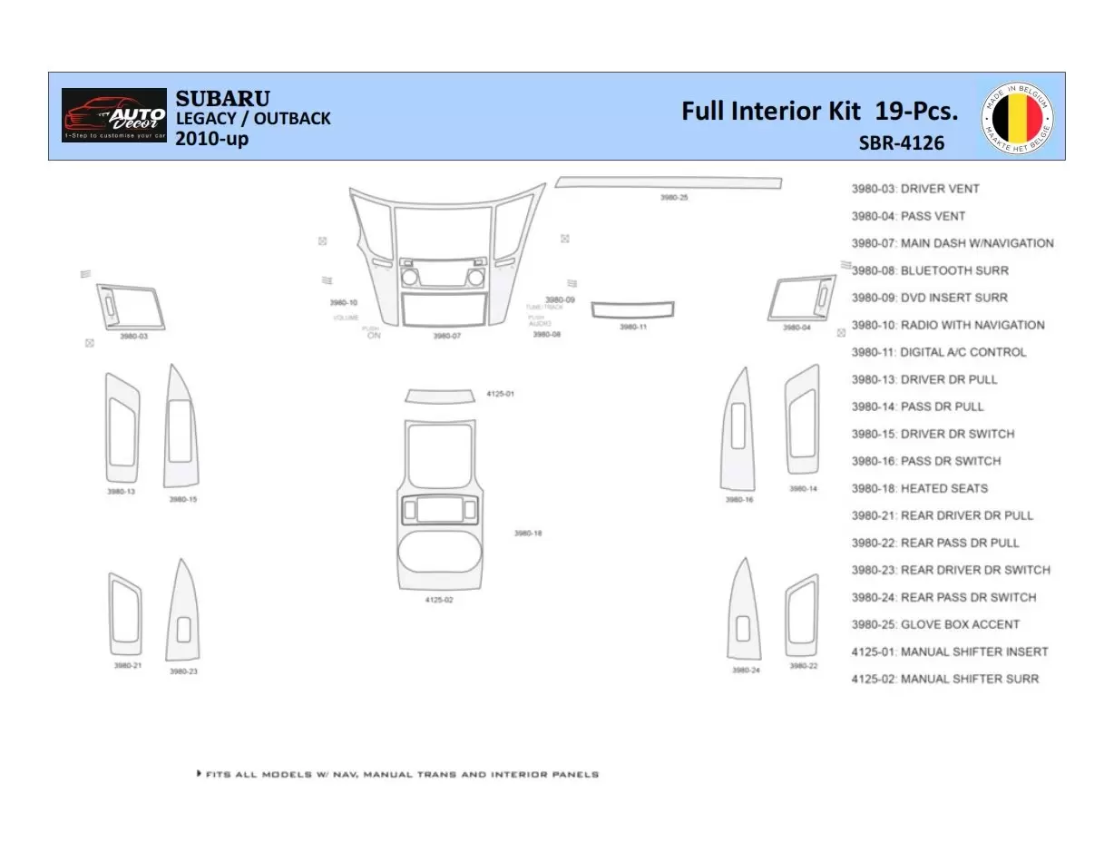 Subaru Legacy-Outback 2010 Interior WHZ Dashboard trim kit 19 Parts