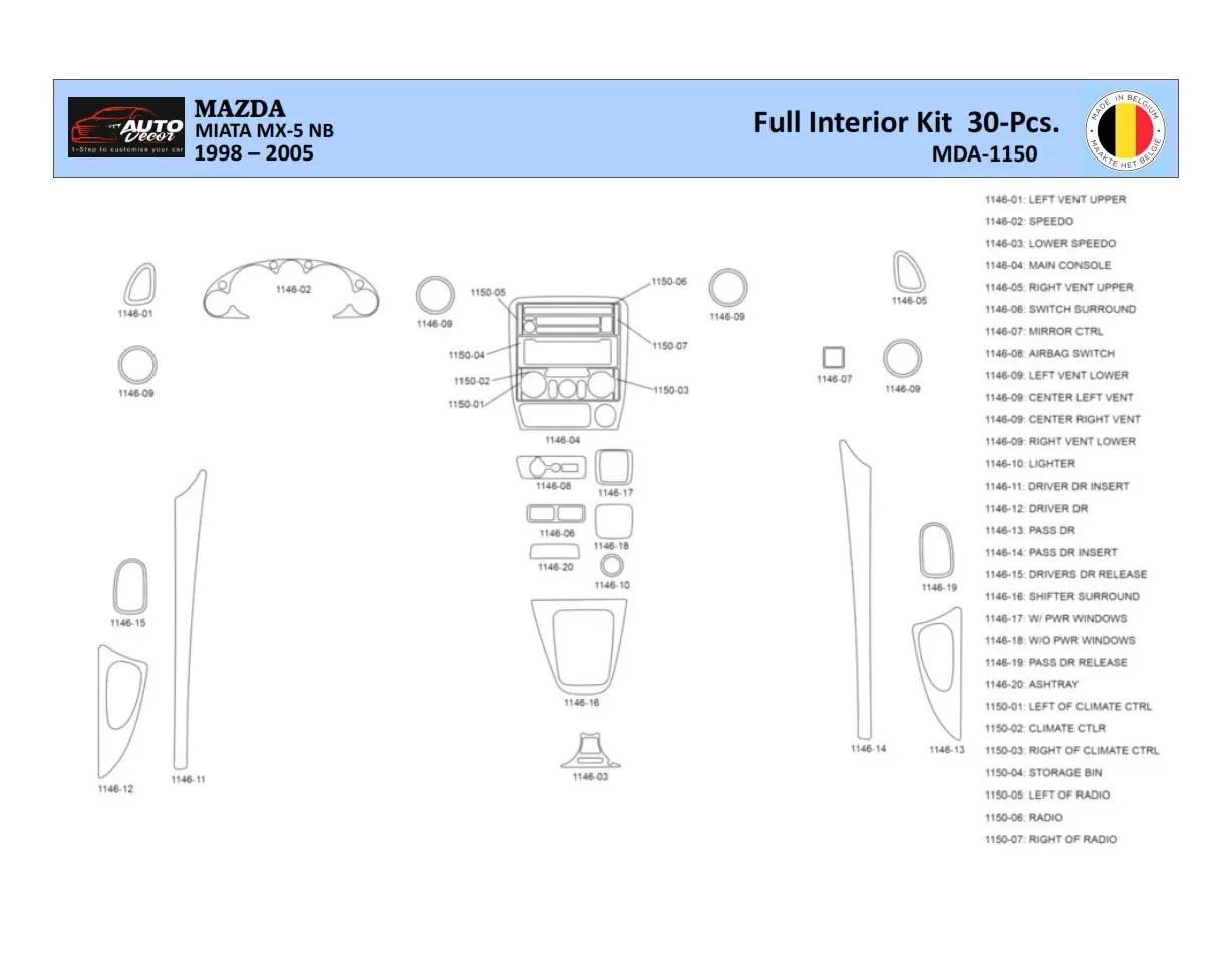 Mazda MX5 2000 Interior WHZ Dashboard trim kit 30 Parts