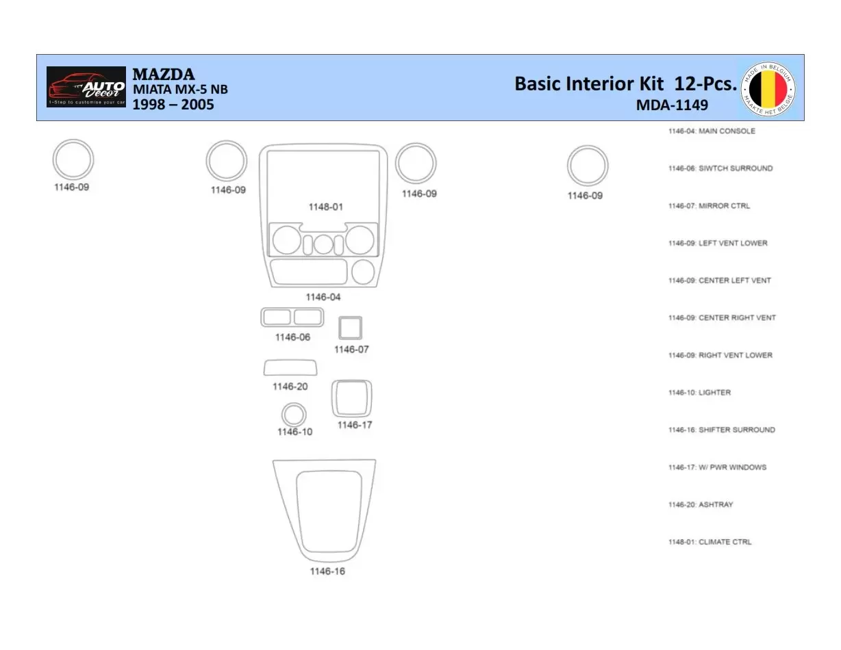 Mazda MX5 2000 Inleg dashboard Interieurset aansluitend en pasgemaakt 12 Delen