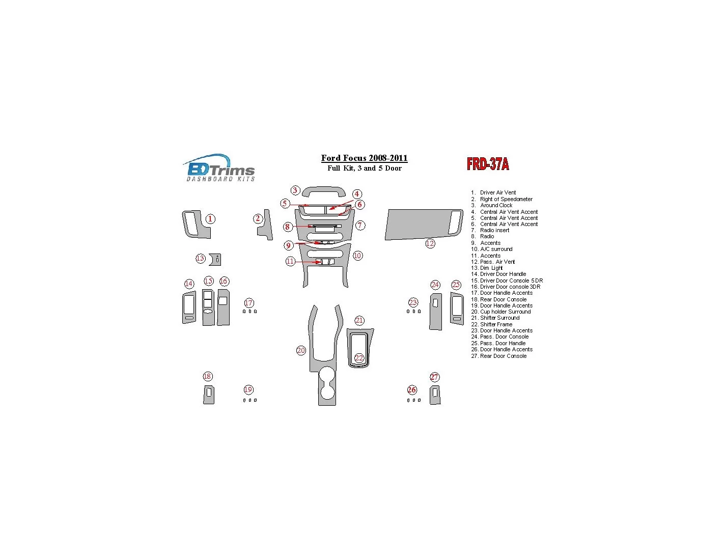 Ford Focus 2008-2011 Ensemble Complet, 3 and 5 Des portes BD Kit la décoration du tableau de bord - 1 - habillage decor de table