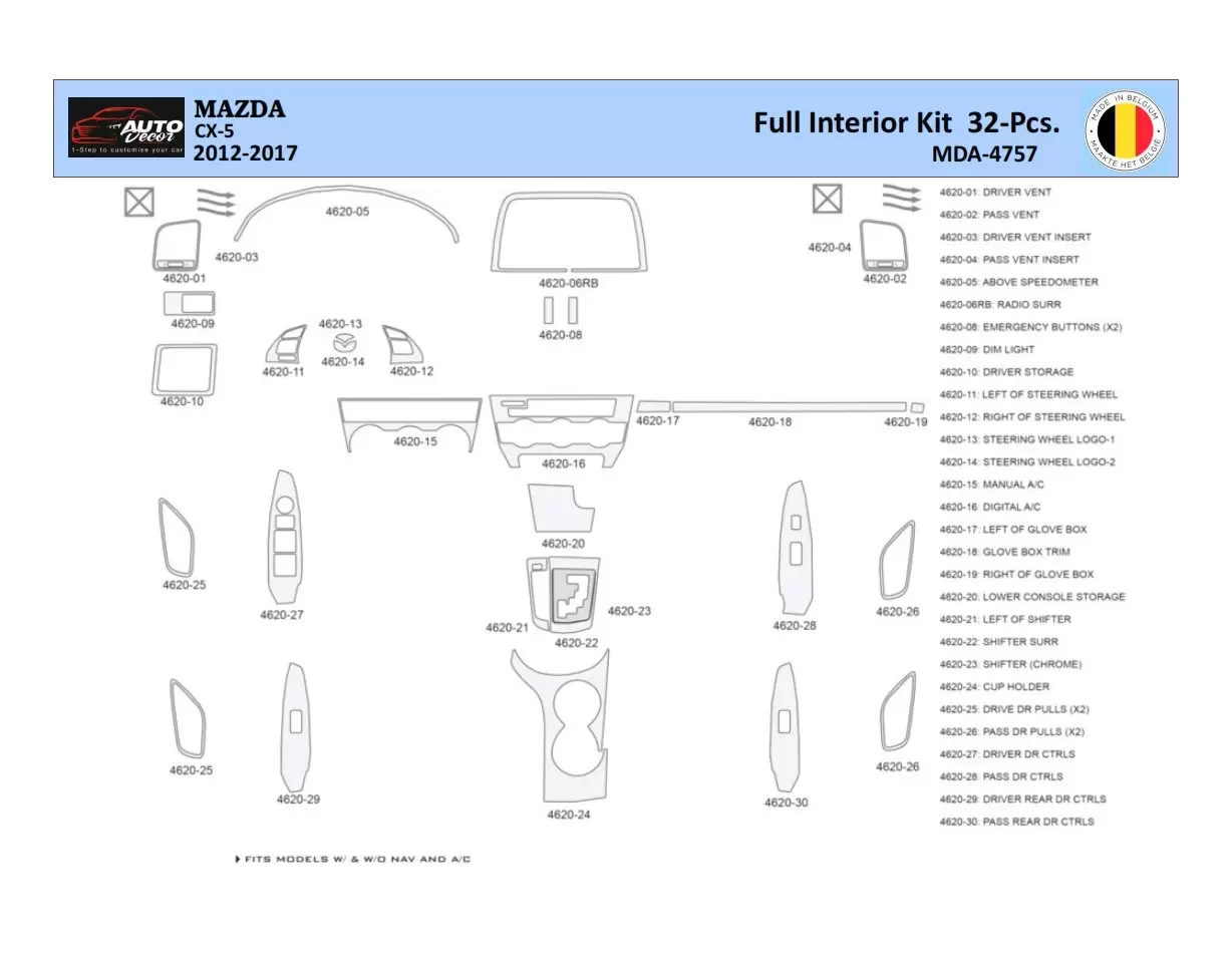 Mazda CX5 2012-2017 Kit la décoration du tableau de bord 32 Pièce - 1 - habillage decor de tableau de bord