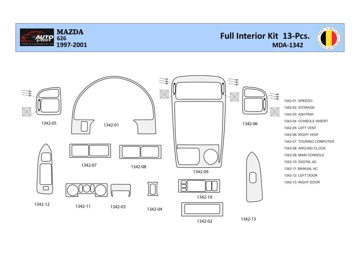 Mazda 626 1997-2001 Inleg dashboard Interieurset aansluitend en pasgemaakt 13 Delen