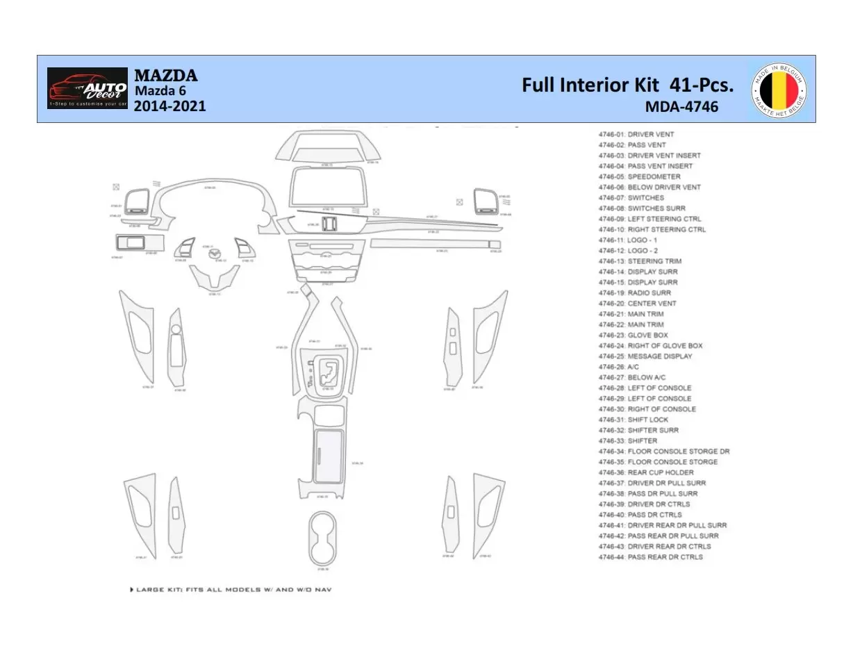 Mazda 6-2014-2021 Kit la décoration du tableau de bord 41 Pièce - 1 - habillage decor de tableau de bord