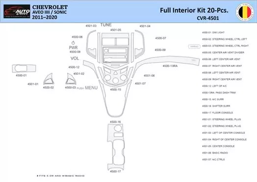 Chevrolet Aveo T300 2012–2020 Inleg dashboard Interieurset aansluitend en pasgemaakt 20 Delen