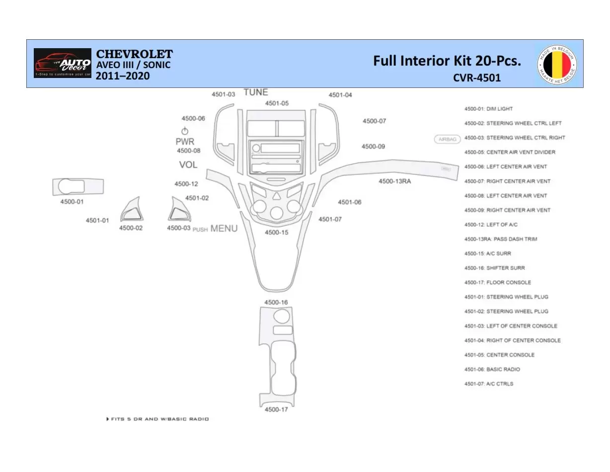 Chevrolet Aveo T300 2012–2020 Decor de carlinga su interior del coche 20 Partes
