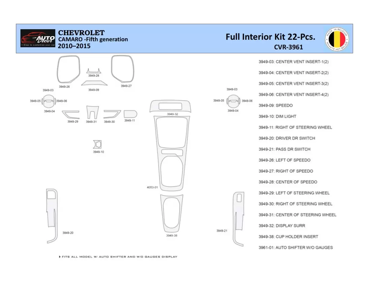 Chevrolet Camaro 2010-2015 Decor de carlinga su interior del coche 22 Partes