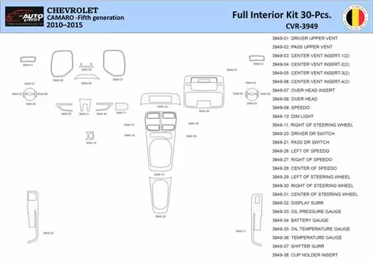 Chevrolet Camaro 2010-2015 Decor de carlinga su interior del coche 30 Partes