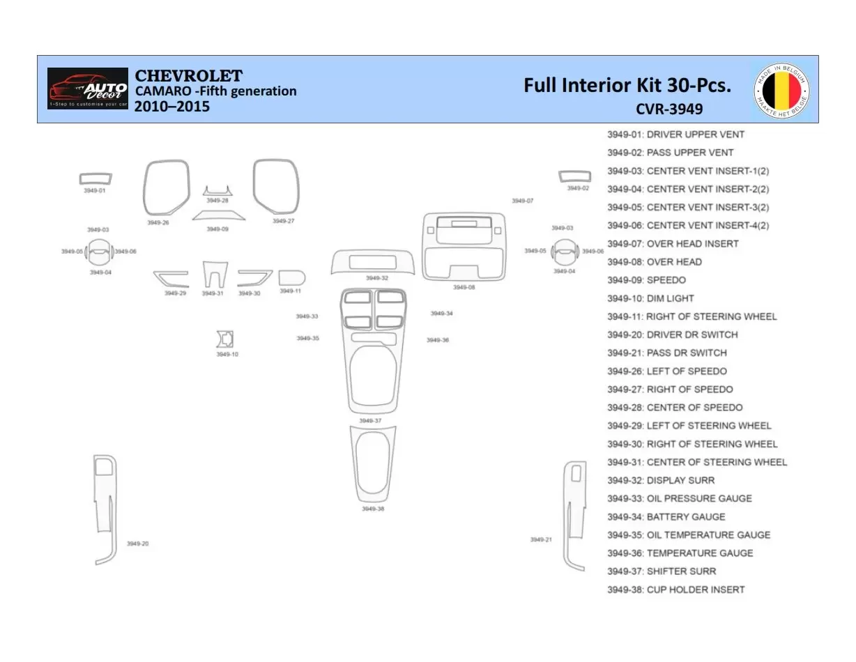 Chevrolet Camaro 2010-2015 Inleg dashboard Interieurset aansluitend en pasgemaakt 30 Delen