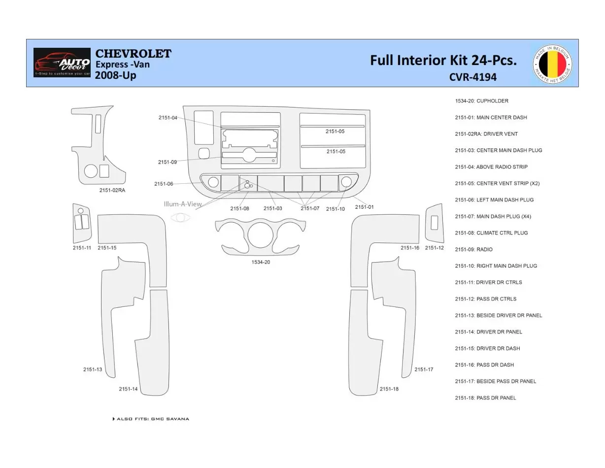 Chevrolet Express 2008-2020 Inleg dashboard Interieurset aansluitend en pasgemaakt 24 Delen