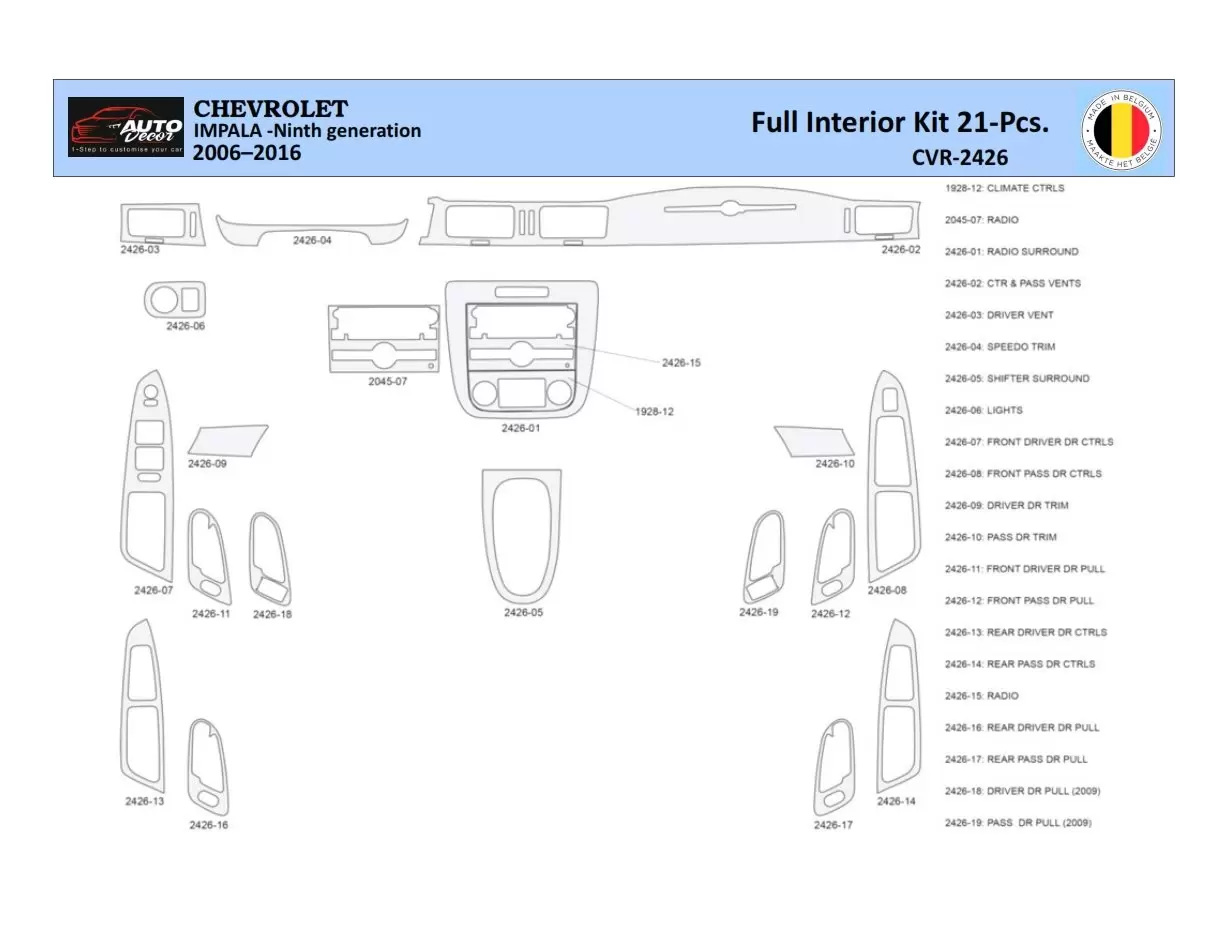Chevrolet Impala 2006-2015 Kit la décoration du tableau de bord 21 Pièce - 1 - habillage decor de tableau de bord