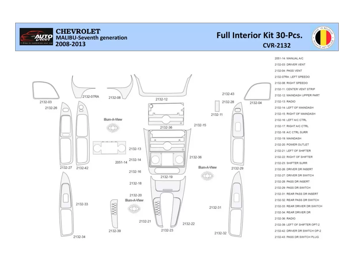 Chevrolet Malibu 2008-2012 Decor de carlinga su interior del coche 30 Partes