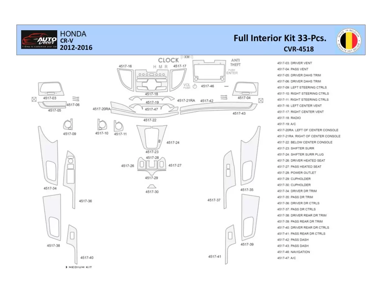 Honda CR-V 2012-2016 Inleg dashboard Interieurset aansluitend en pasgemaakt 24 Delen