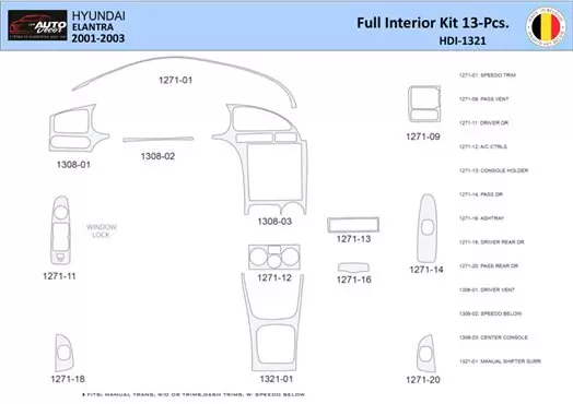 Hyundai Elantra 2001-2003 Inleg dashboard Interieurset aansluitend en pasgemaakt 13 Delen