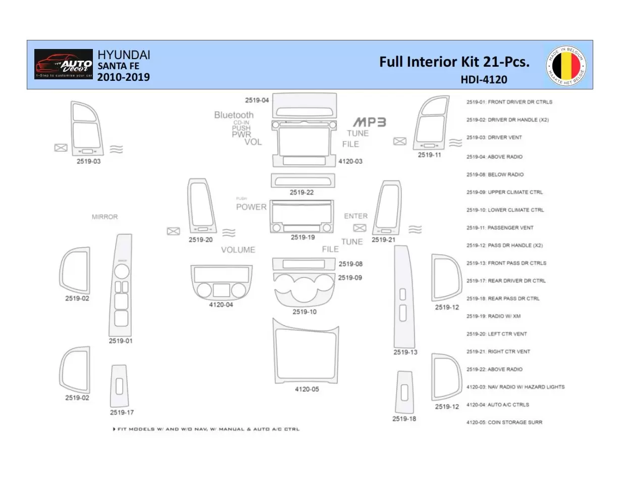 Hyundai Santa Fe 2010-2012 Decor de carlinga su interior del coche 21 Partes