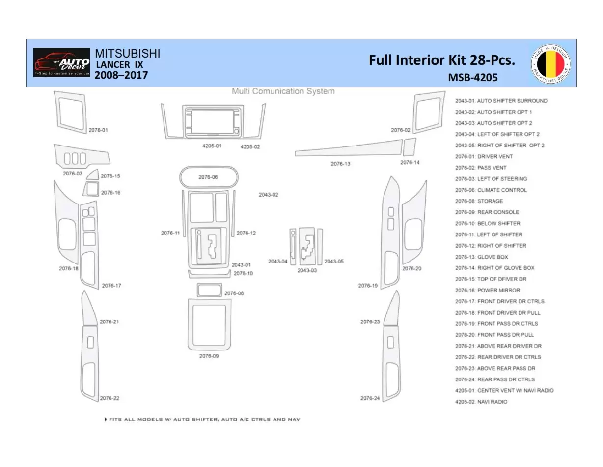 Mitsubishi Lancer-9-2007–2017 Interior WHZ Dashboard trim kit 28 Parts