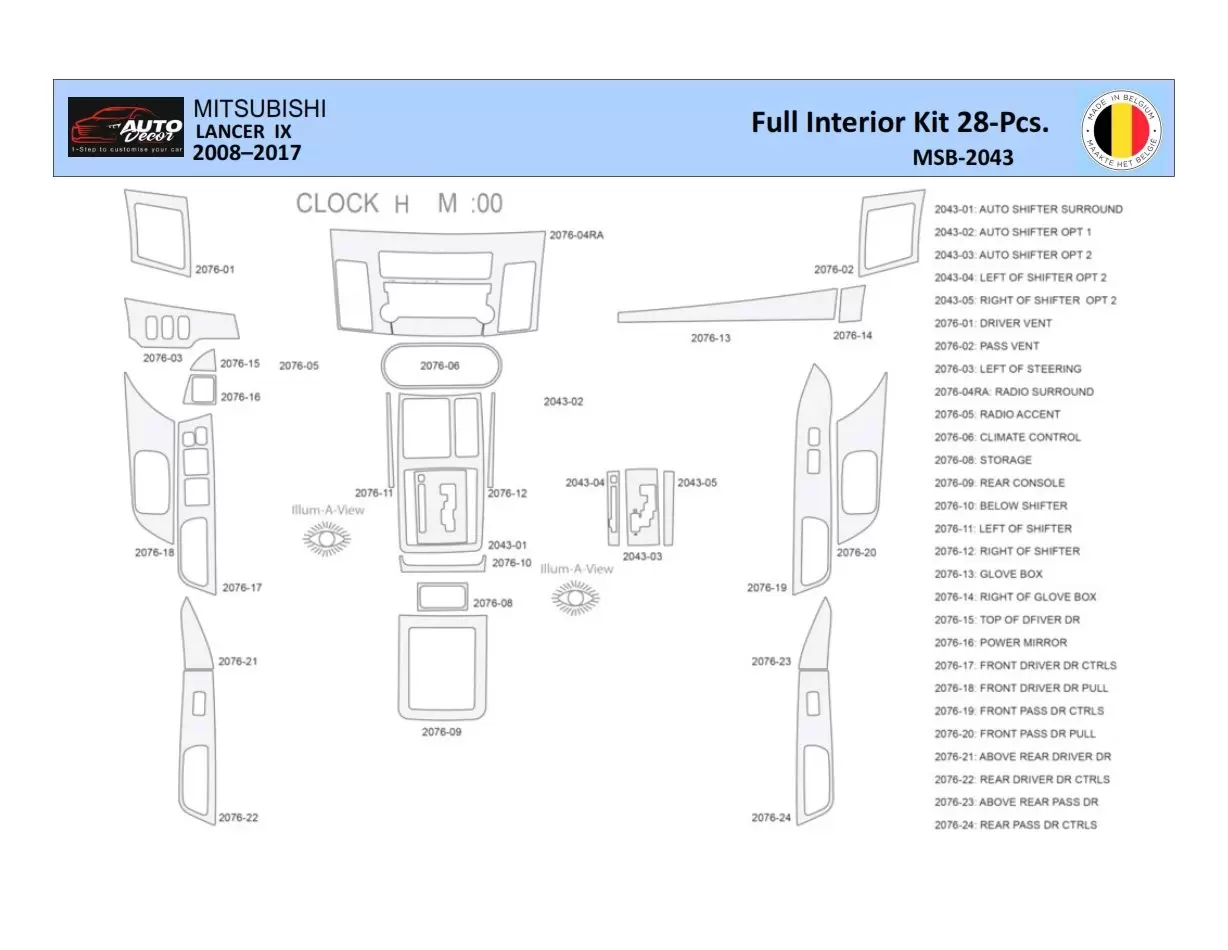 Mitsubishi Lancer-2008 Interior WHZ Dashboard trim kit 28 Parts