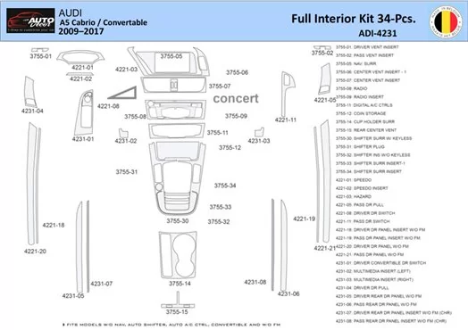 Audi A5 Cabrio 2008–2016 Mascherine sagomate per rivestimento cruscotti 40 Decori Audi A5 Cabrio 2008–2016 Mascherine sagomate per rivestimento cruscotti 40 Decori