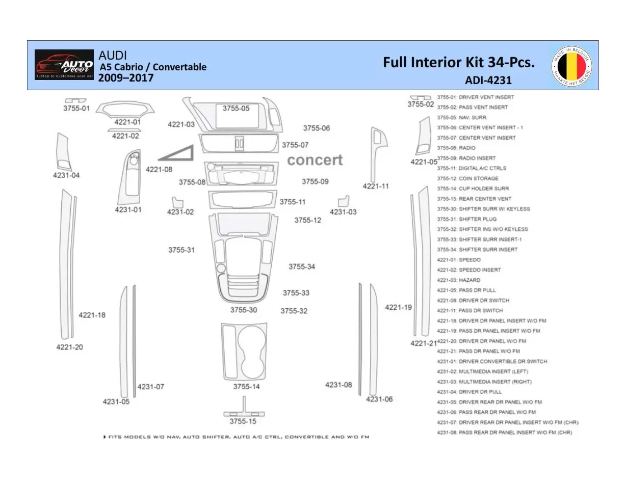 Audi A5 Cabrio 2008–2016 Interior WHZ Dashboard trim kit 40 Parts Audi A5 Cabrio 2008–2016 Interior WHZ Dashboard trim kit 40 Parts
