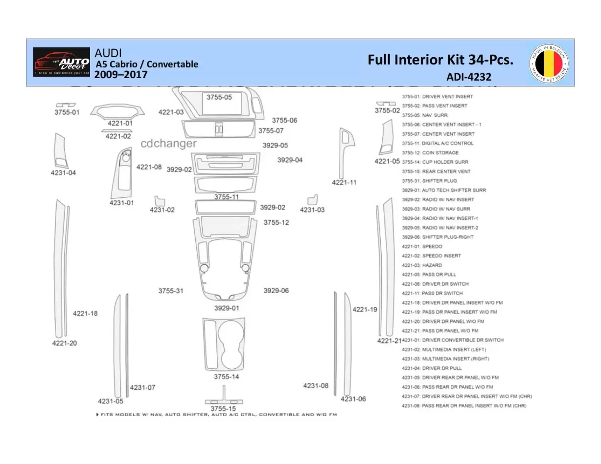 Audi A5 Cabrio 2008–2016 Kit la décoration du tableau de bord 40 Pièce - 1 - habillage decor de tableau de bord Audi A5 Cabrio 2008–2016 Kit la décoration du tableau de bord 40 Pièce - 1 - habillage decor de tableau de bord