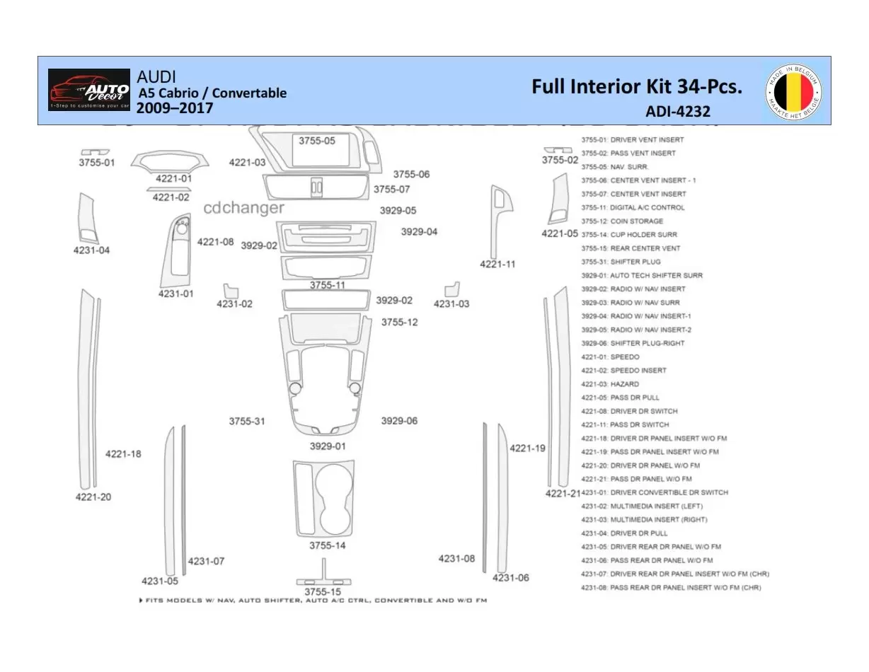 Audi A5 Cabrio 2008–2016 Interni WHZ Kit rivestimento cruscotto 40 pezzi