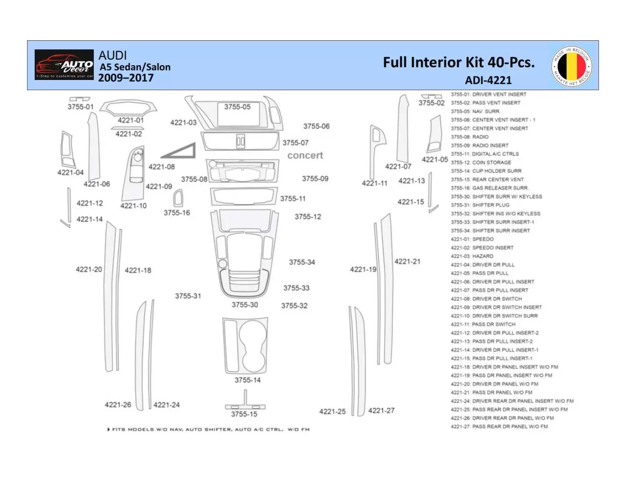 Audi A5 2008–2016 Interior WHZ Dashboard trim kit 40 Parts