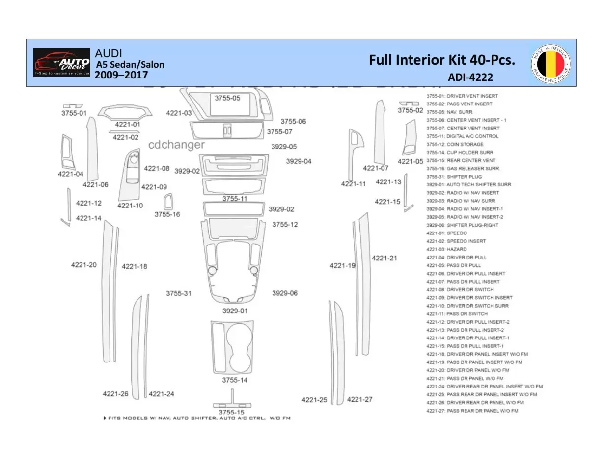 Audi A5 2008–2016 Interior WHZ Kit de molduras del tablero 40 piezas