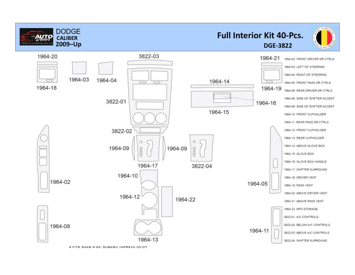 Dodge Caliber 2007-2009 Inleg dashboard Interieurset aansluitend en pasgemaakt 24 Delen