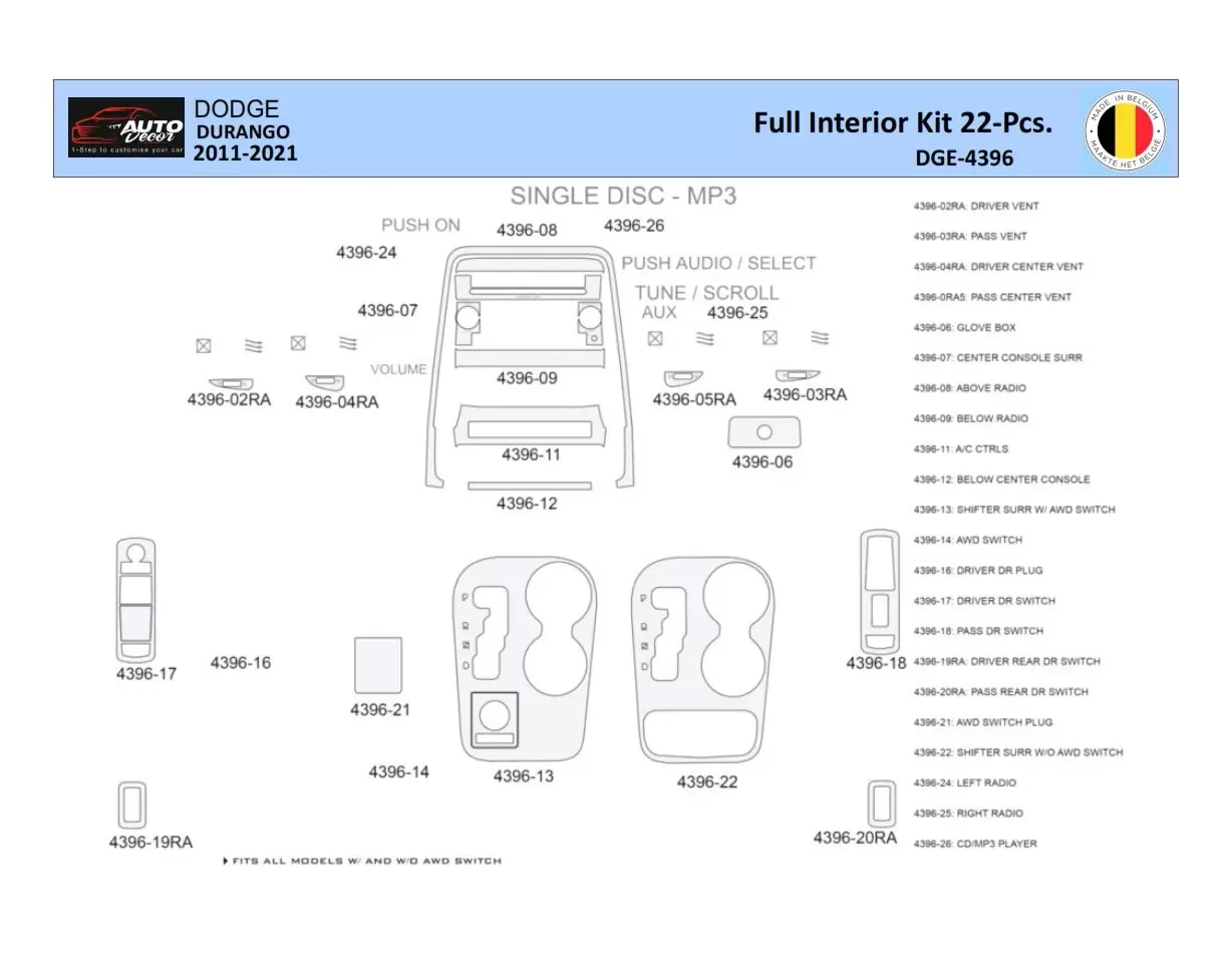 Dodge Durango WD 2011-2022 Kit la décoration du tableau de bord 22 Pièce - 1 - habillage decor de tableau de bord