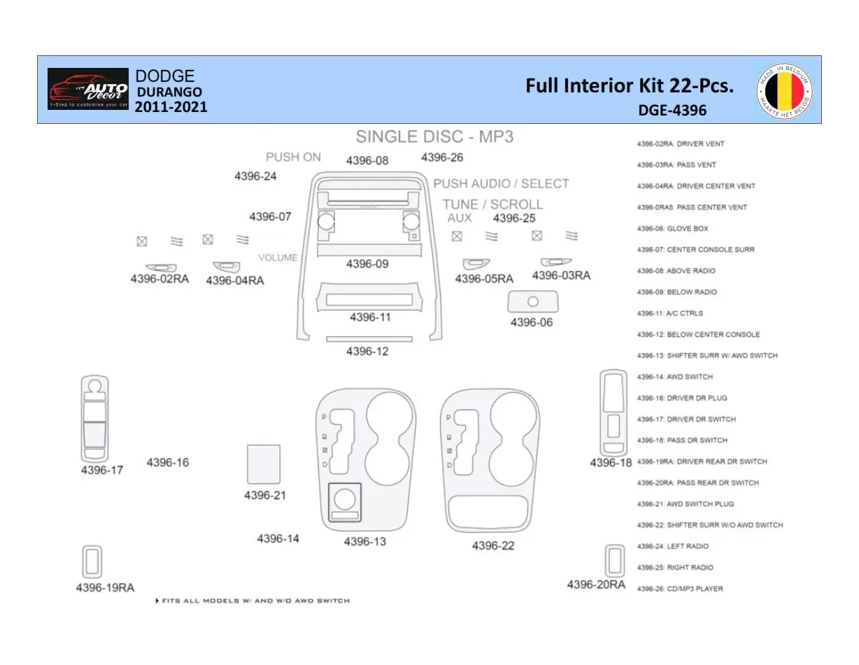 Dodge Durango WD 2011-2022 Inleg dashboard Interieurset aansluitend en pasgemaakt 22 Delen
