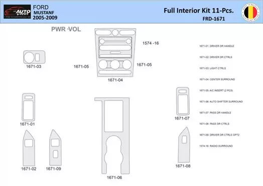 Ford Mustang 2005-2009 Interior WHZ Dashboard trim kit 11 Parts