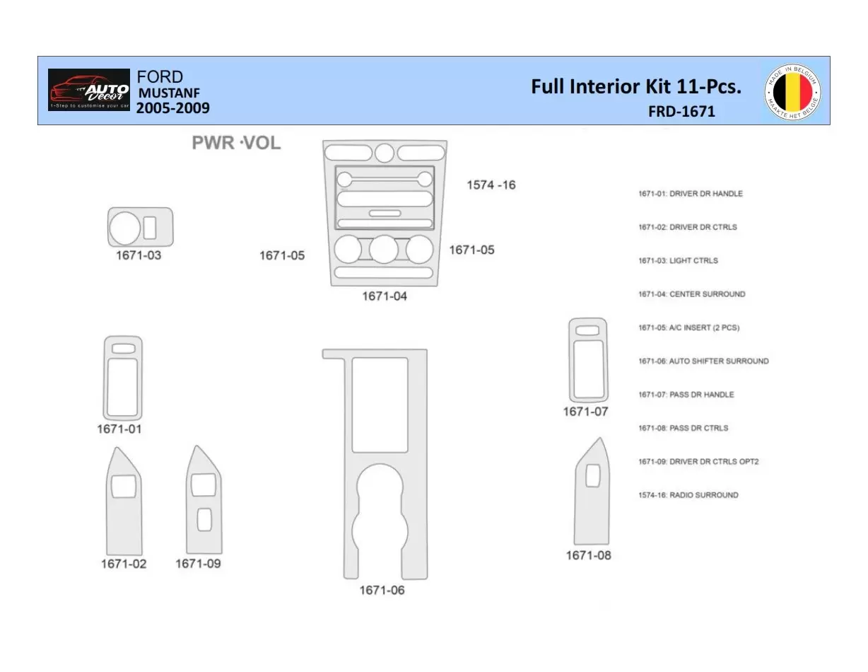 Ford Mustang 2005-2009 Interior WHZ Dashboard trim kit 11 Parts