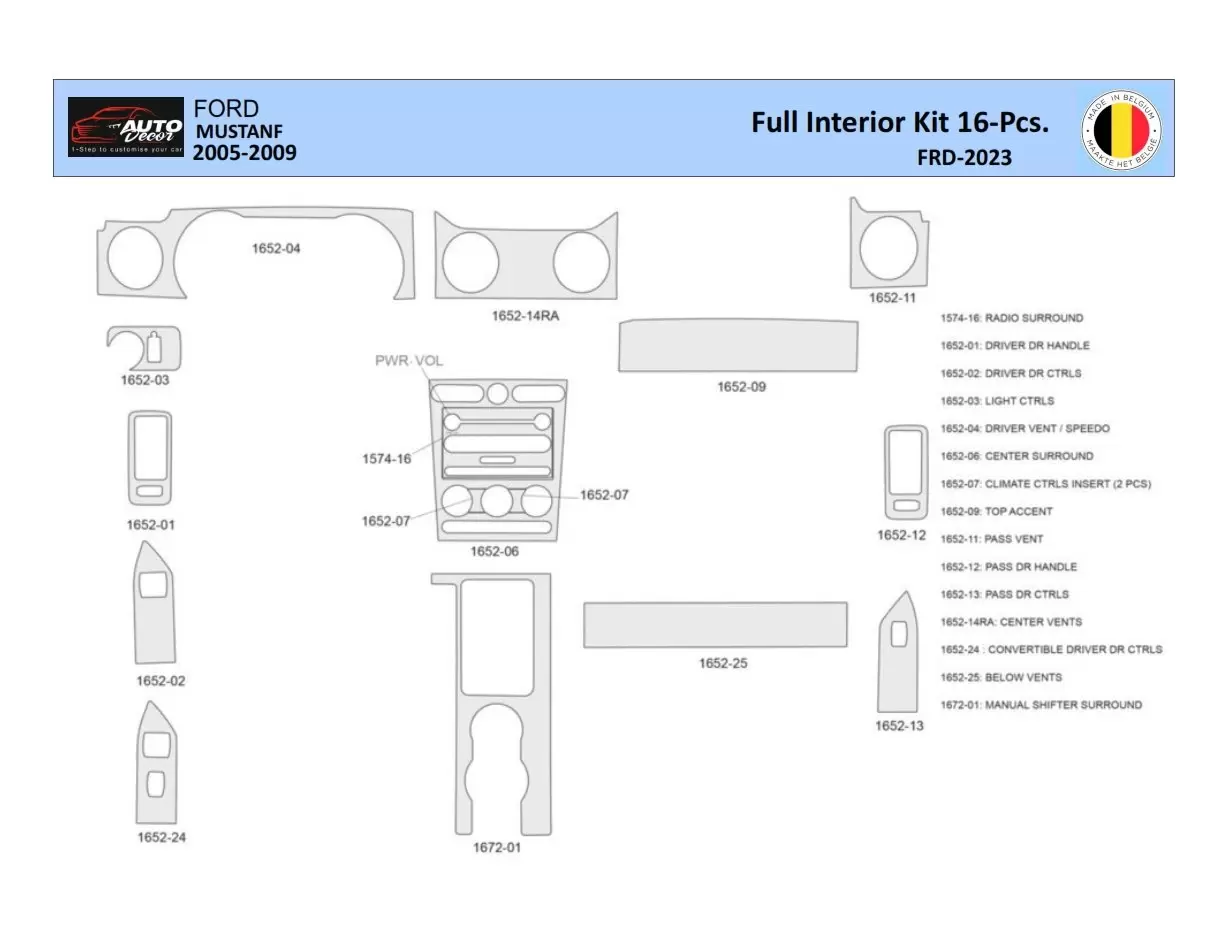 Ford Mustang 2005-2009 Interior WHZ Dashboard trim kit 16 Parts