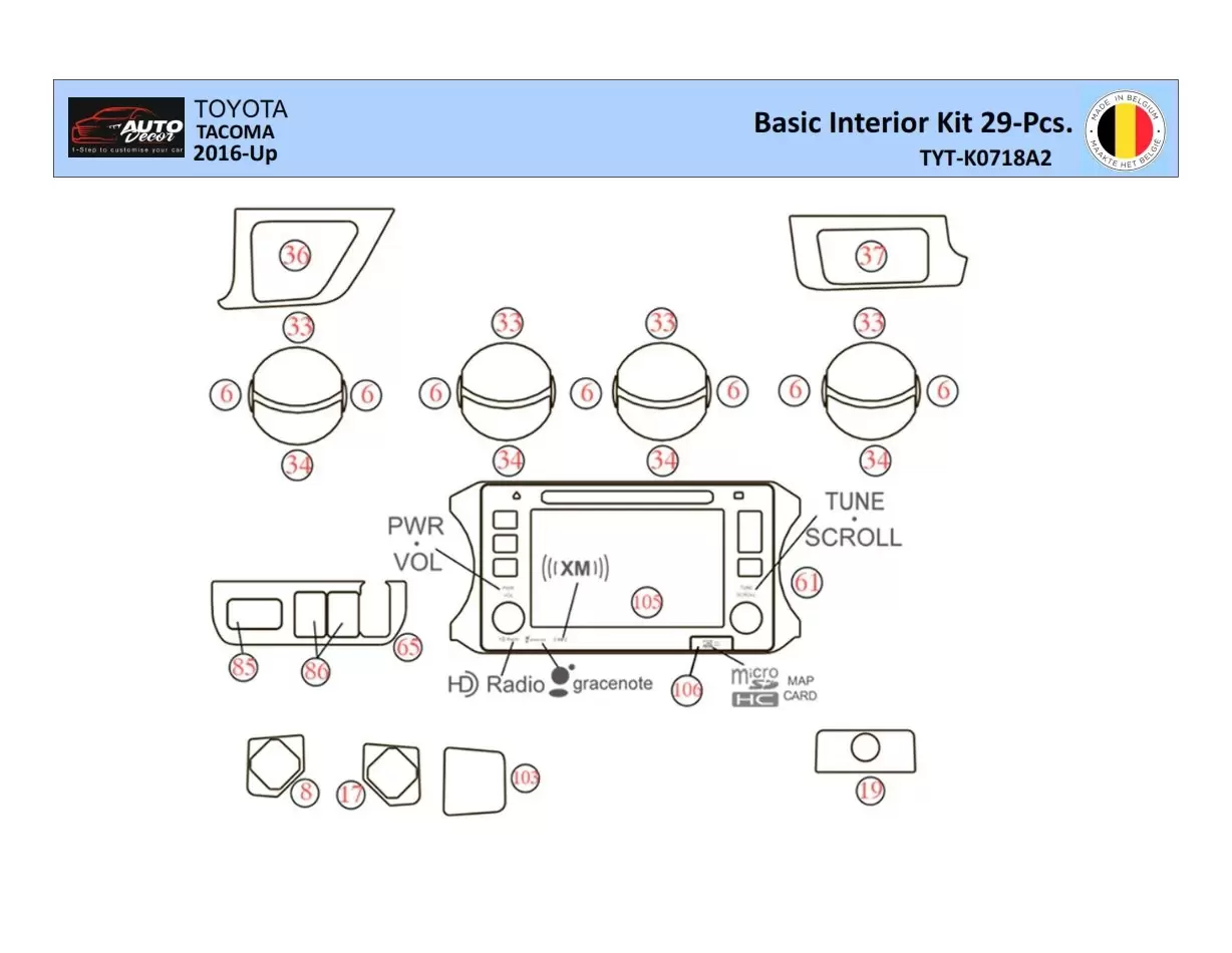 Toyota Tacoma 2016-2021 Decor de carlinga su interior del coche 29 Partes