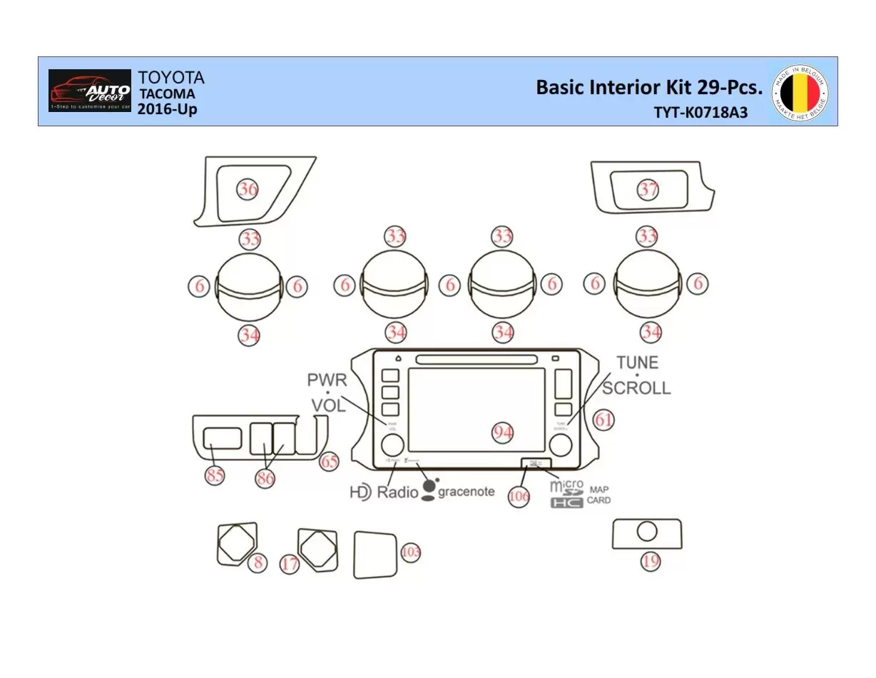 Toyota Tacoma 2016-2021 Interior WHZ Dashboard trim kit 29 Parts Toyota Tacoma 2016-2021 Interior WHZ Dashboard trim kit 29 Parts