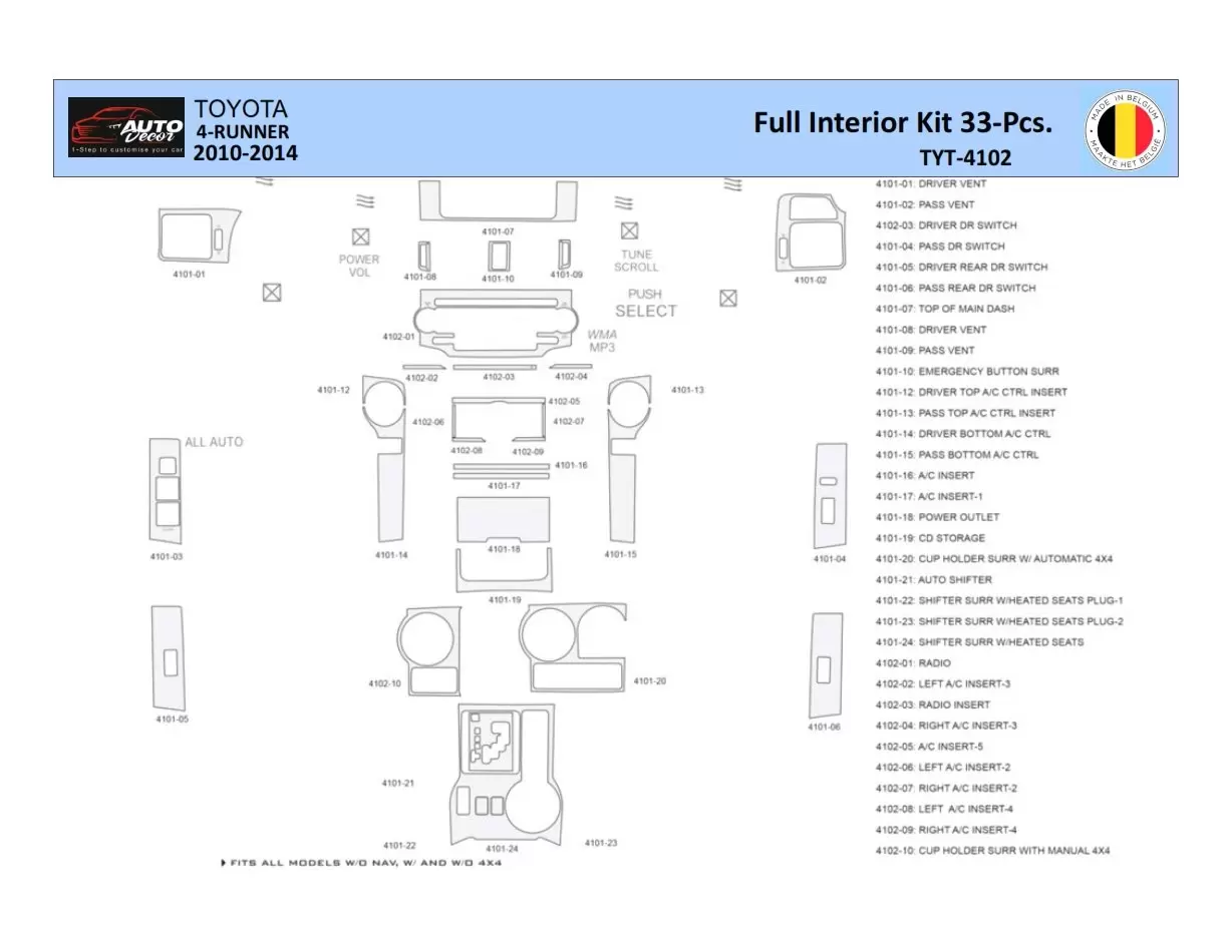Toyota 4Runner 2010-2014 Mittelkonsole Armaturendekor WHZ Cockpit Dekor 33 Teilige - 1- Cockpit Innenraum Dekor 