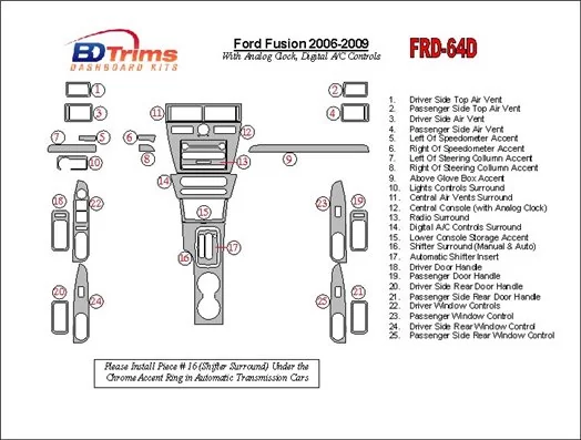 Ford Fusion 2006-2009 With Analogue Clock, Automatic A/C Controls Decor de carlinga su interior