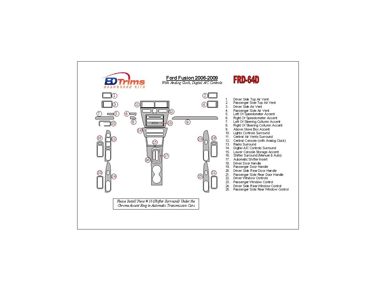 Ford Fusion 2006-2009 With Analogue Clock, Automatic A/C Controls Decor de carlinga su interior