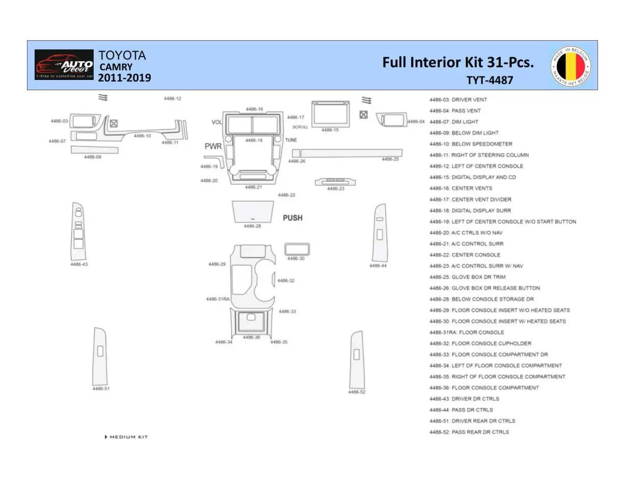 Toyota Camry 2011-2019 Interior WHZ Dashboard trim kit 31 Parts