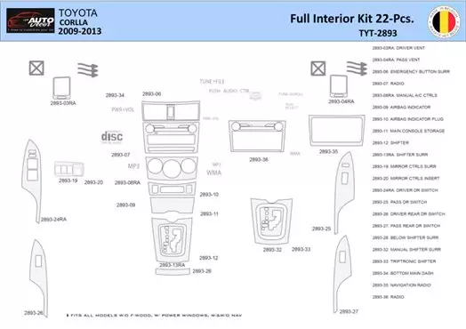 Toyota Corolla 2009 Decor de carlinga su interior del coche 22 Partes