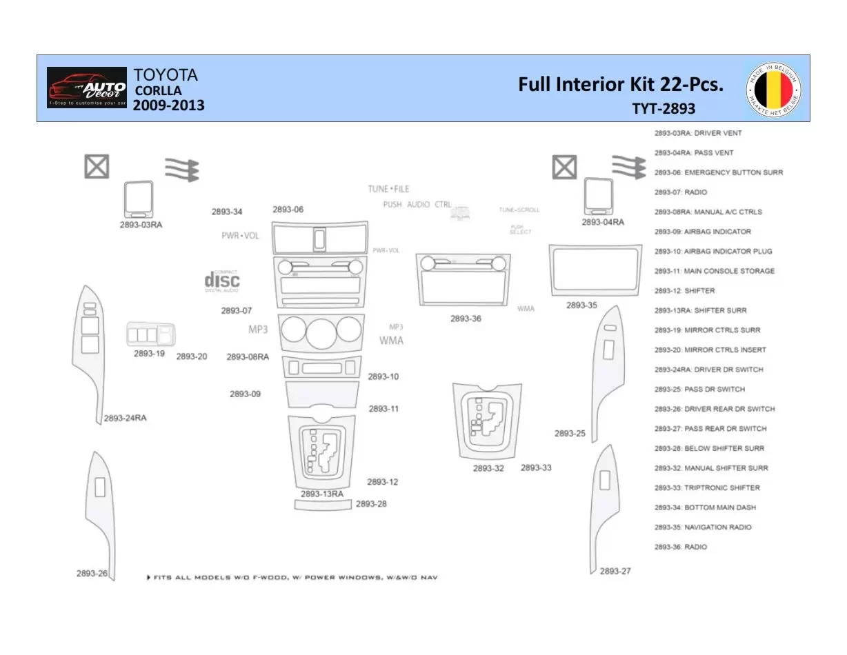 Toyota Corolla 2009 Interior WHZ Dashboard trim kit 22 Parts