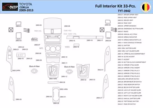 Toyota Corolla 2009 Decor de carlinga su interior del coche 33 Partes