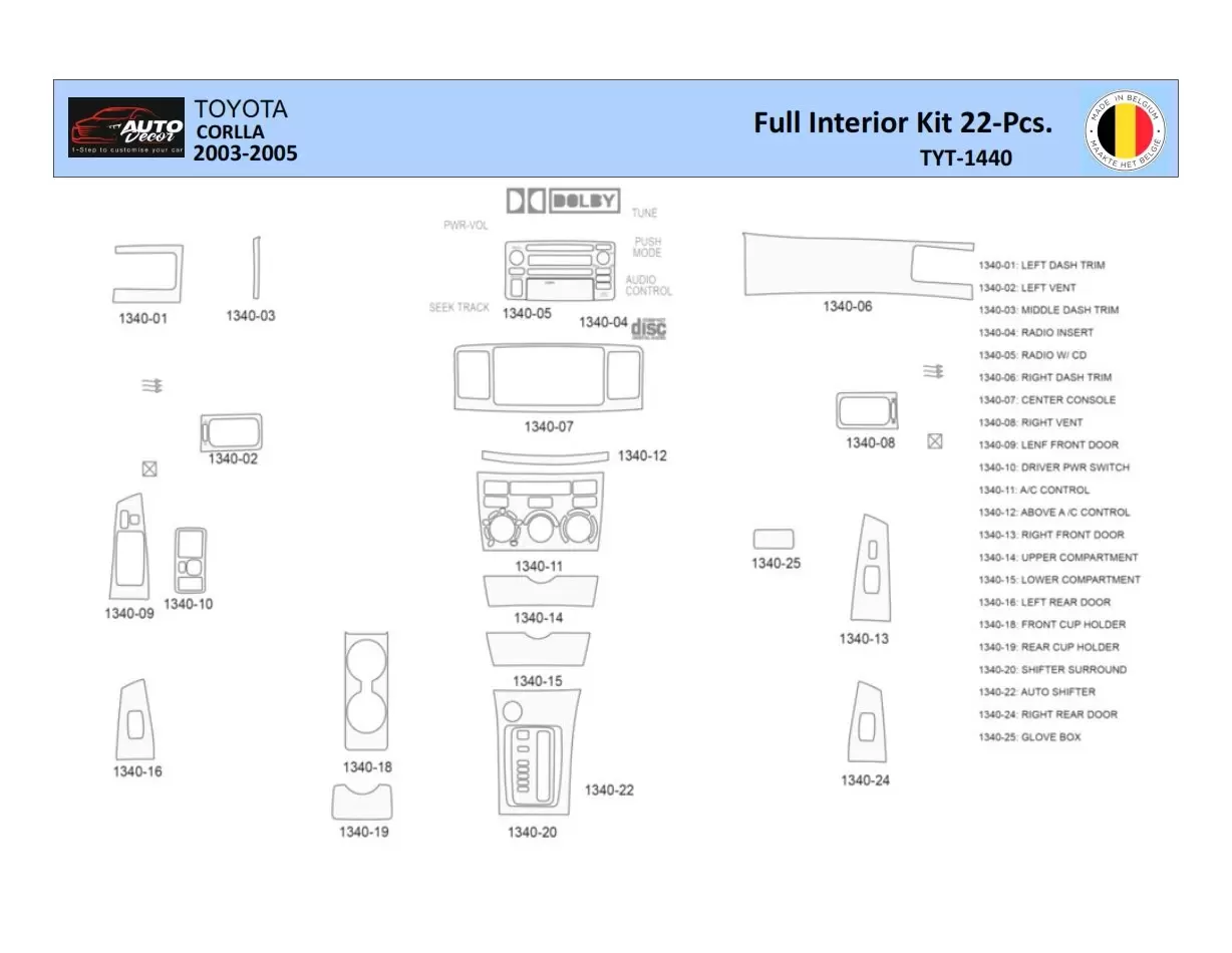 Toyota Corolla 2003 Interior WHZ Dashboard trim kit 22 Parts