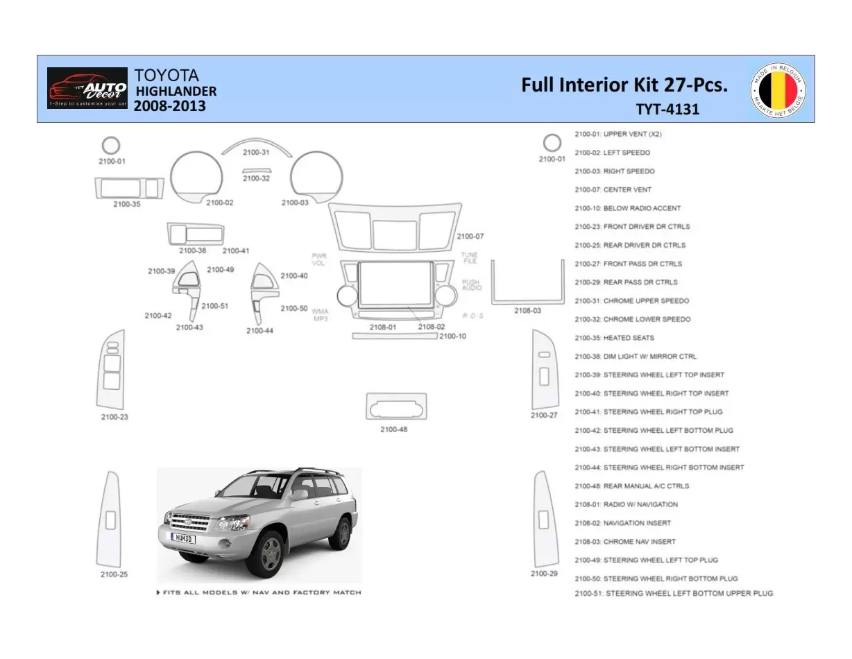 Toyota Highlander 2008-2013 Decor de carlinga su interior del coche 27 Partes