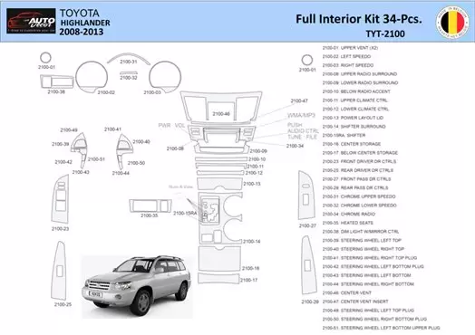 Toyota Highlander 2008-2013 Decor de carlinga su interior del coche 34 Partes
