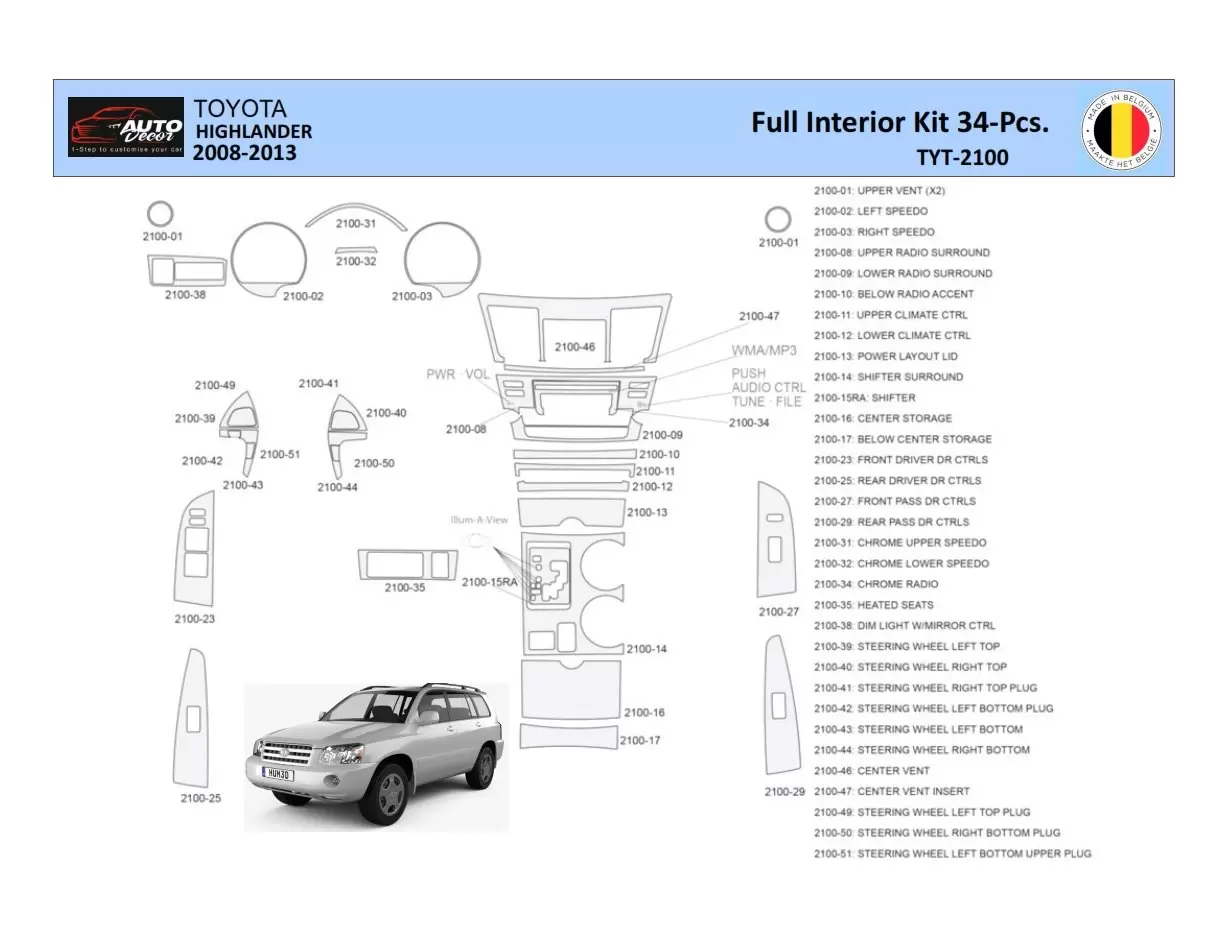 Toyota Highlander 2008-2013 Decor de carlinga su interior del coche 34 Partes