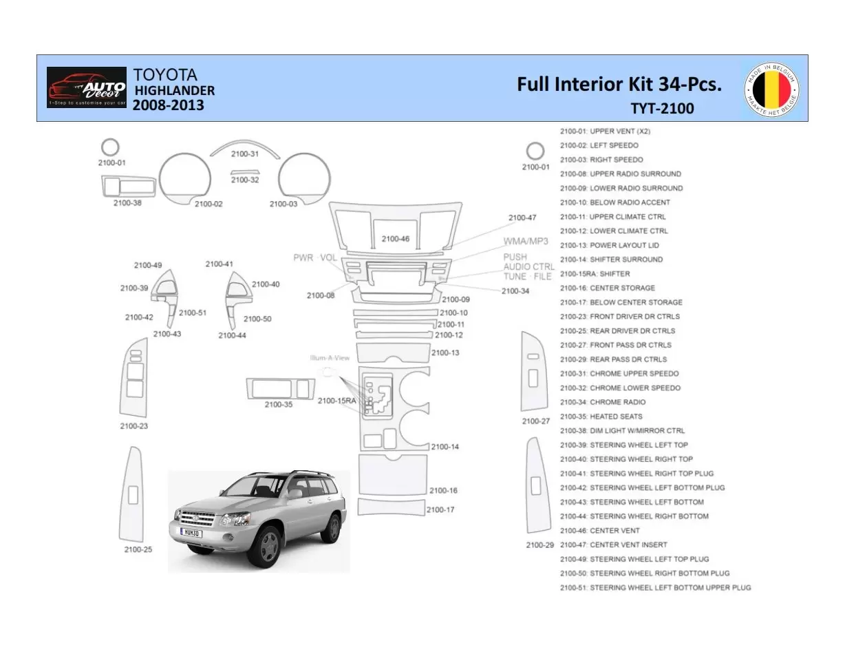 Toyota Highlander 2008-2013 Interior WHZ Dashboard trim kit 34 Parts